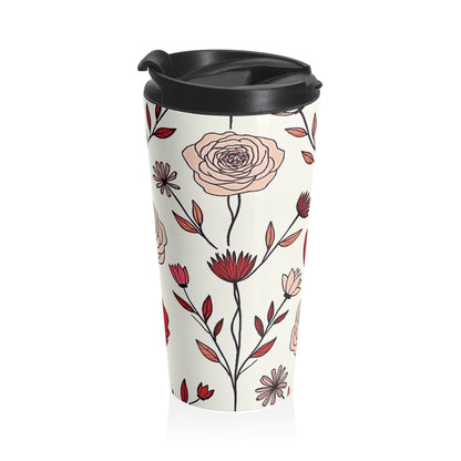Hand-Drawn Red Heart Floral Stainless Steel Travel Mug | Valentine Pattern - AURABAGS SHOP