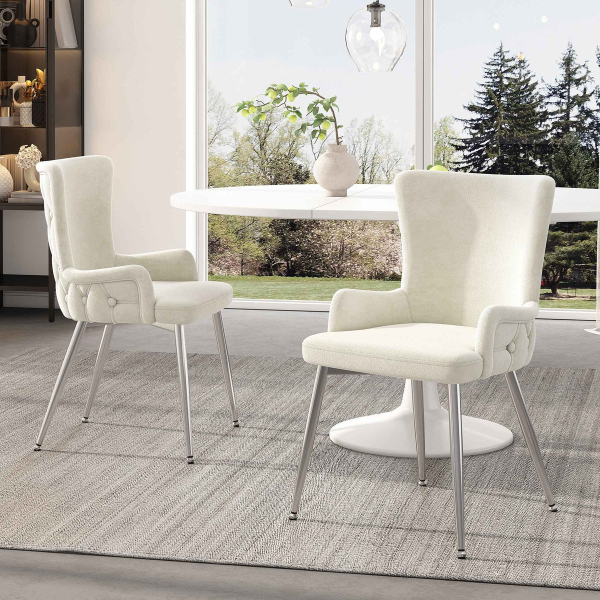Set of 6 Beige Velvet Dining Chairs with Silver Metal Legs – Modern Luxury Accent Chairs (Germany Delivery Only)