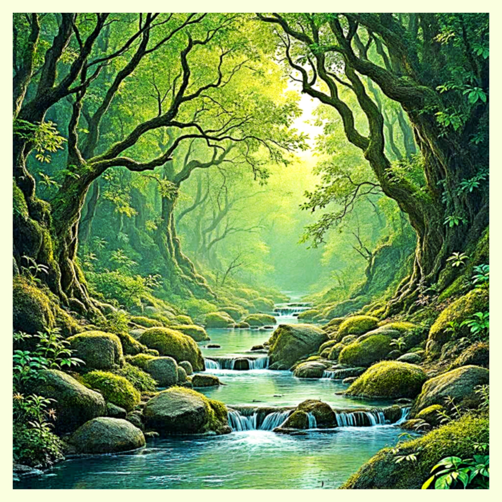 Enchanted Mossy Forest River – Ethereal Woodland Landscape Digital Art - AURABAGS SHOP