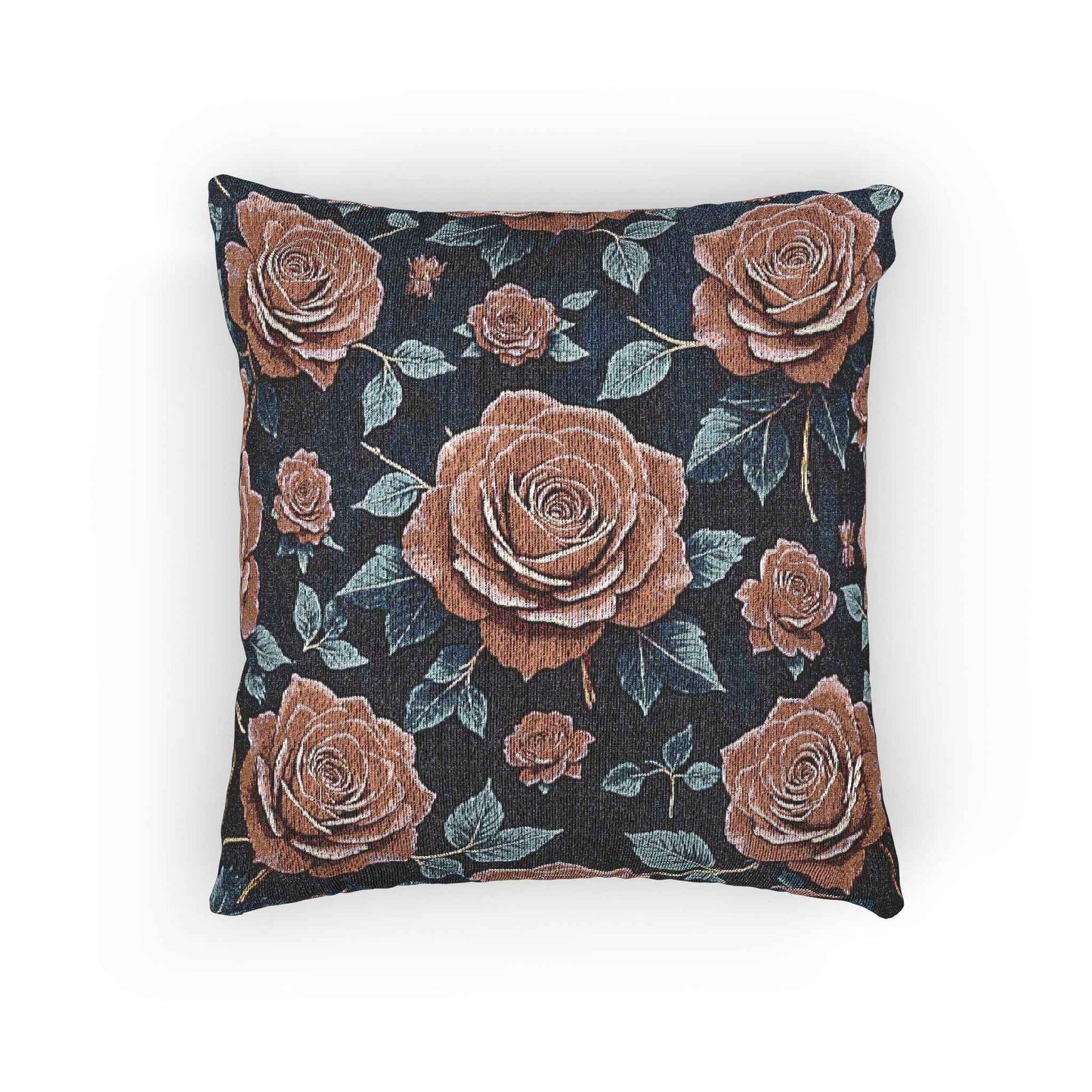 Vintage Rose Woven Pillow | Floral Needlepoint Style, Navy Background