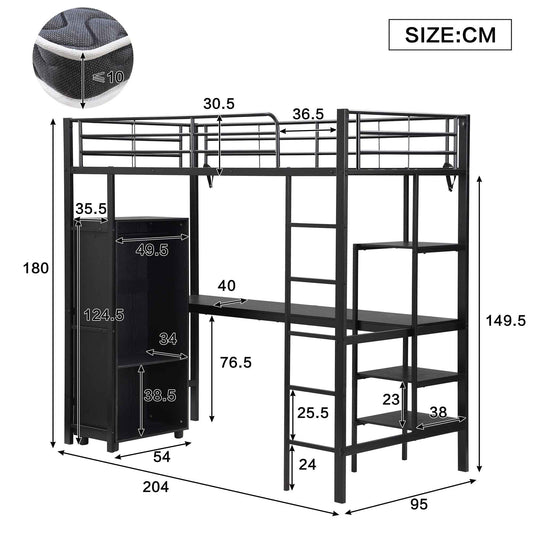 Black 90x200cm Metal Bunk Bed with Desk, Wardrobe & Storage – Kids & Teens Loft Bed with 5-Step Ladder and Safety Guardrails (Deliver to Germany Only)