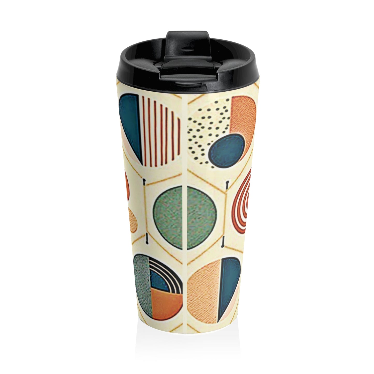 Mid Century Geometric Pattern Travel Mug | Retro Circle Design - AURABAGS SHOP