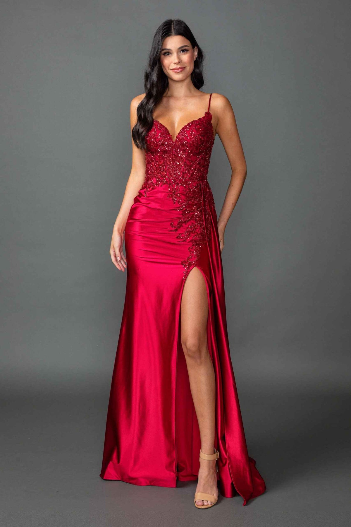 Sequin Applique Bodice Prom Dress with Spaghetti Straps