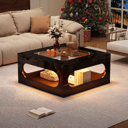 70cm Black LED Coffee Table – Modern Tempered Glass Top Side Table with Storage Compartment