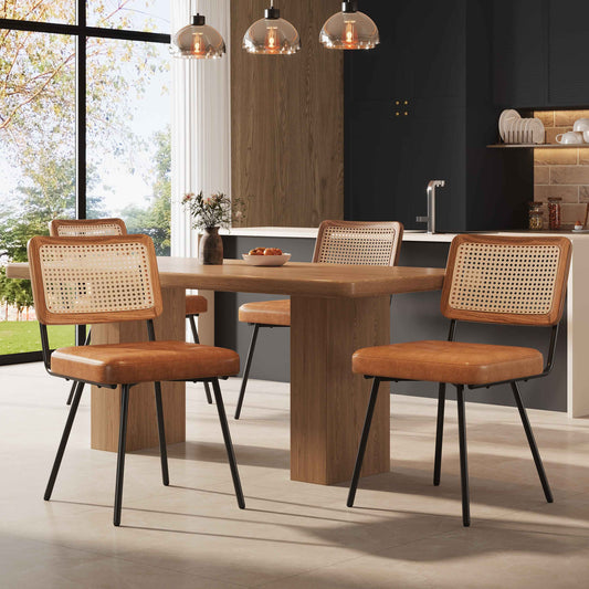 Faux Leather Dining Chair Set of 4 – Rattan Backrest, Ergonomic Lounge & Vanity Chairs, Brown (Germany Delivery Only)