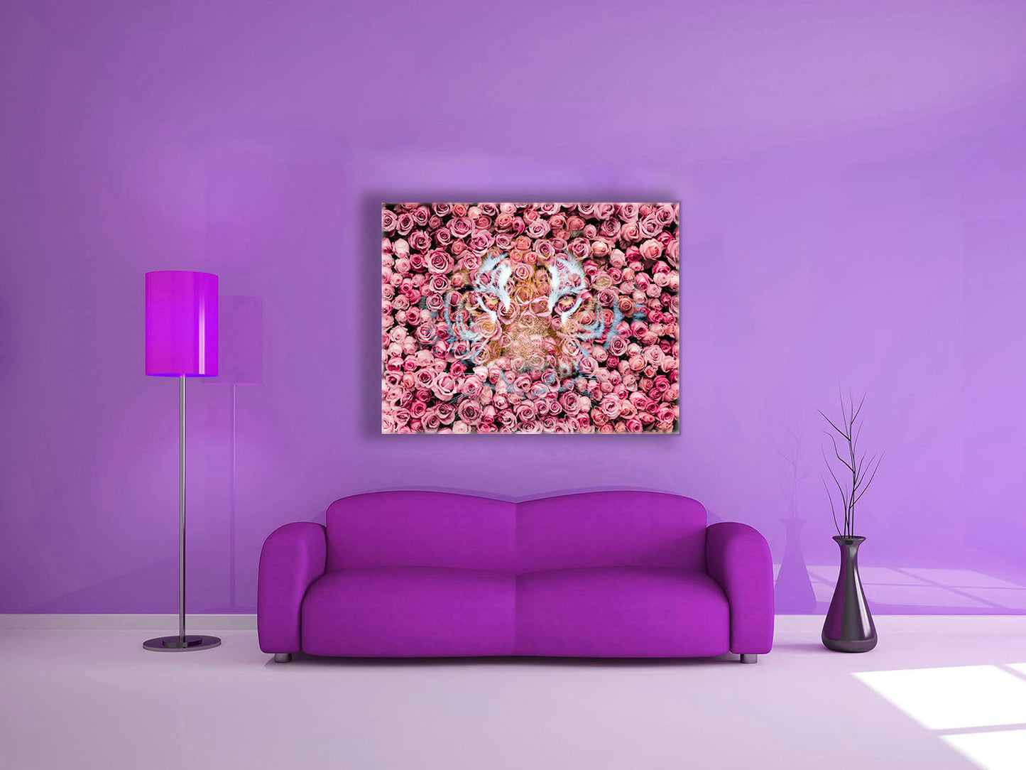 Tiger in the Rose-Wildtier Leinwanddrucke- Tierkunst- Goldlack