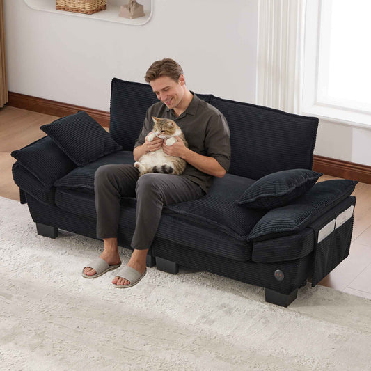 Black Modular 2-Seater Sofa with Wide Seats, Corduroy Upholstery, High-Density Foam & USB-C Port (Germany Delivery Only)