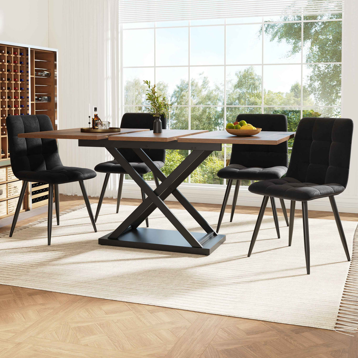 5-Piece Extendable Dining Set for 4 – 160 × 80 × 75 cm Walnut Table with Black Velvet Chairs (Germany Delivery Only)