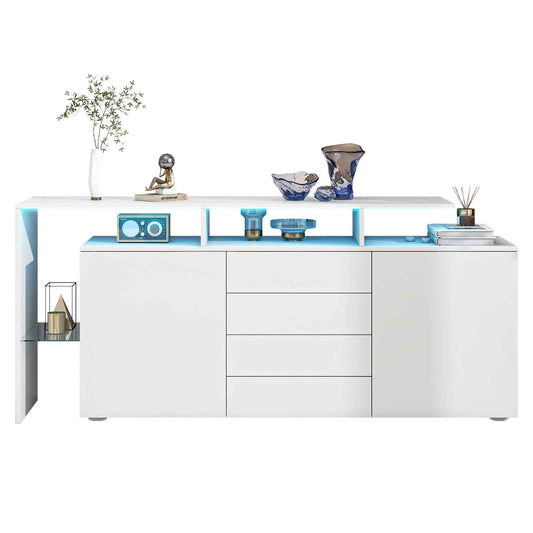 160cm White High-Gloss Sideboard with LED Lights – 4-Drawer TV Stand Cabinet with 2 Doors, Glass Shelf & Storage (Deliver to Germany Only)