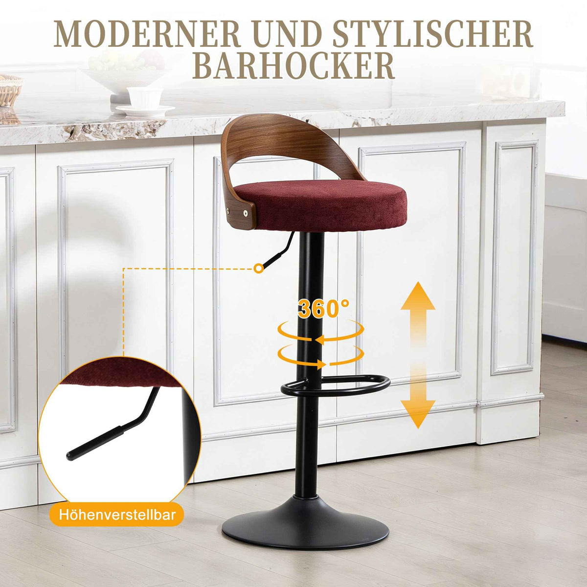 Set of 2 360° Swivel Bar Stools with Walnut Backrest & PU Seat, Height Adjustable Wine Red (Germany Delivery Only)