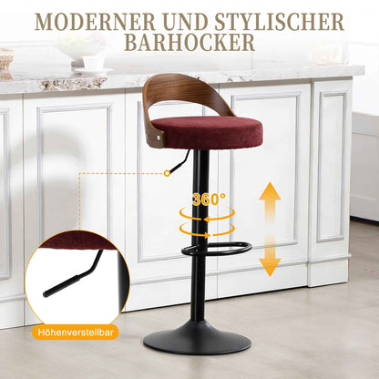 Set of 2 360° Swivel Bar Stools with Walnut Backrest & PU Seat, Height Adjustable Wine Red (Germany Delivery Only)