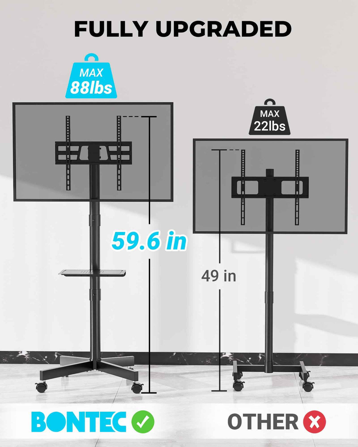 BONTEC Mobile TV Stand with Tilt Function, Rolling TV Cart for 23-60" LED, LCD, OLED TVs, Holds up to 88lbs, Max VESA 400x400mm, Adjustable Media Shelf, TV Stand for Living Room, Bedroom, Office 🍁 All In One Marketplace Canada