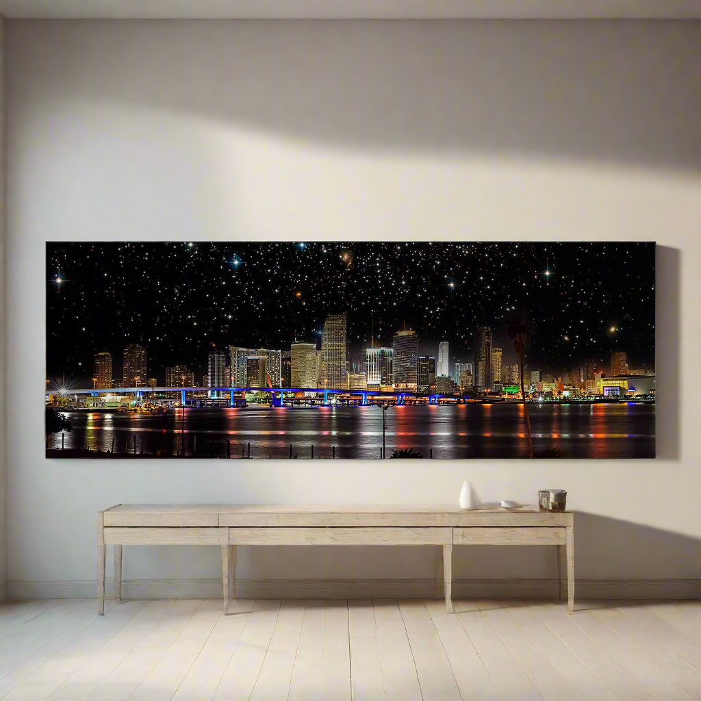 Miami bei Nacht - Stadtpanorama - Leinwand Wanddekoration - RGB-Lackierung