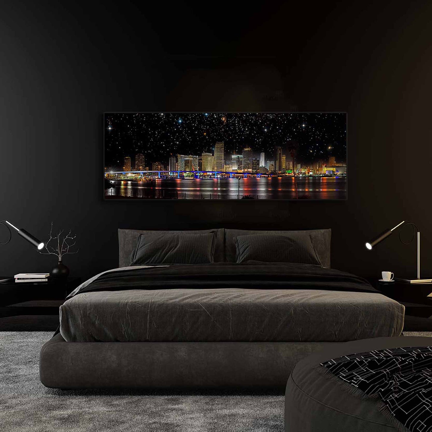 Miami bei Nacht - Stadtpanorama - Leinwand Wanddekoration - RGB-Lackierung
