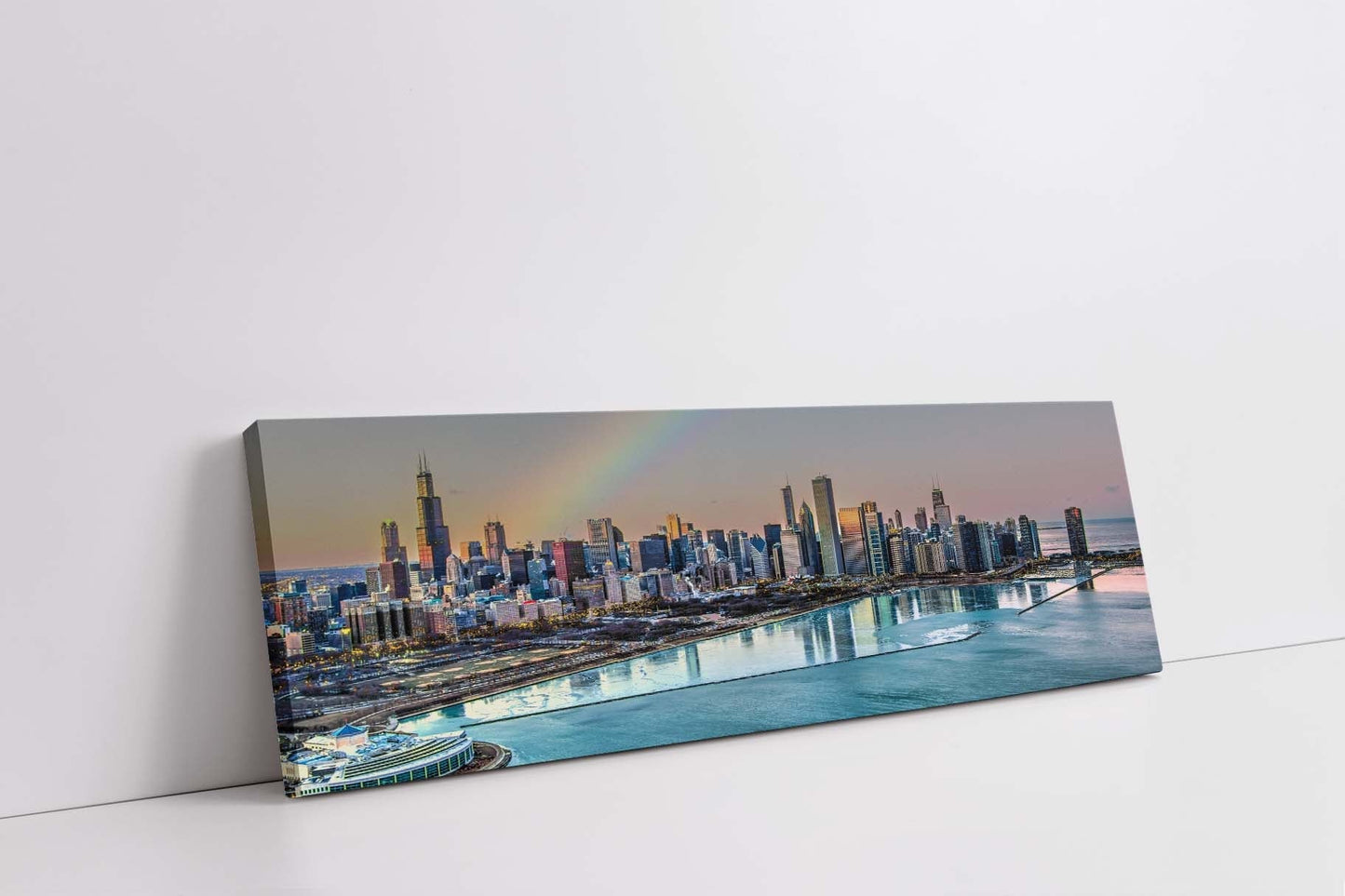 Chicago Bay bei Nacht – Skyline der Stadt – Großformatige Leinwand-Wandkunst