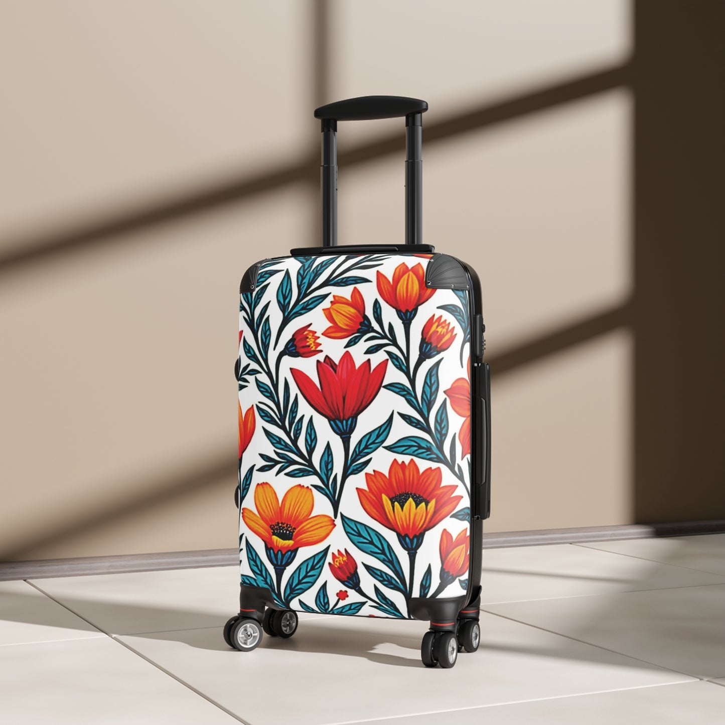 Blumenkoffer – Handgepäck mit kräftigem rot-orangem Tulpenmuster