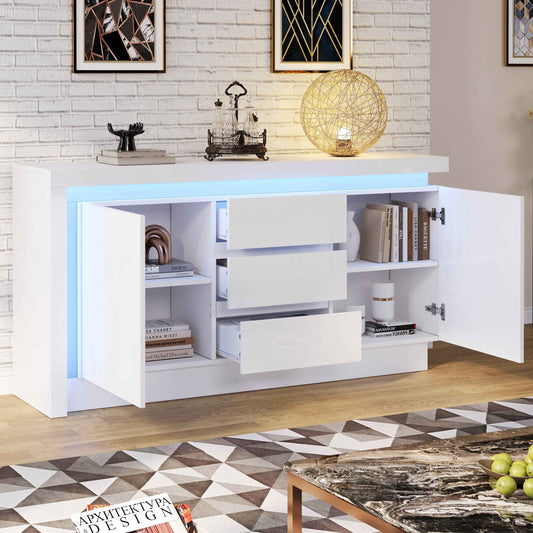 140cm White High-Gloss Sideboard with LED Lighting, 3 Drawers & 2 Doors (Germany Delivery Only)