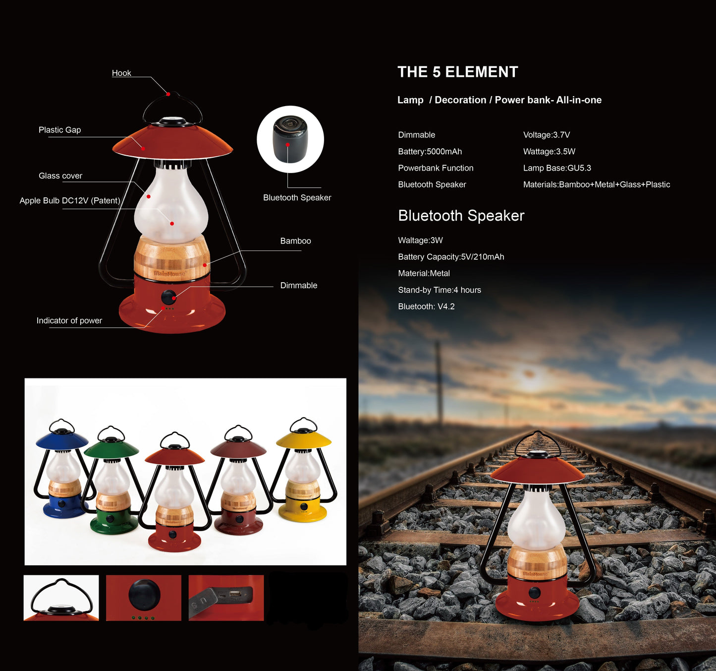 TRU De-LIGHT ROMANTICO LED All-in-One Lampe, wiederaufladbar, Bluetooth-Musiklautsprecher – FEUERROT / GELB / AQUABLAU / GRÜN / SCHWARZ