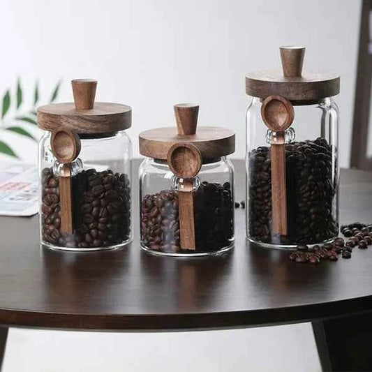 3-Piece Glass Storage Jar Set with Spoons – Coffee, Tea, Candy & Kitchen Jars