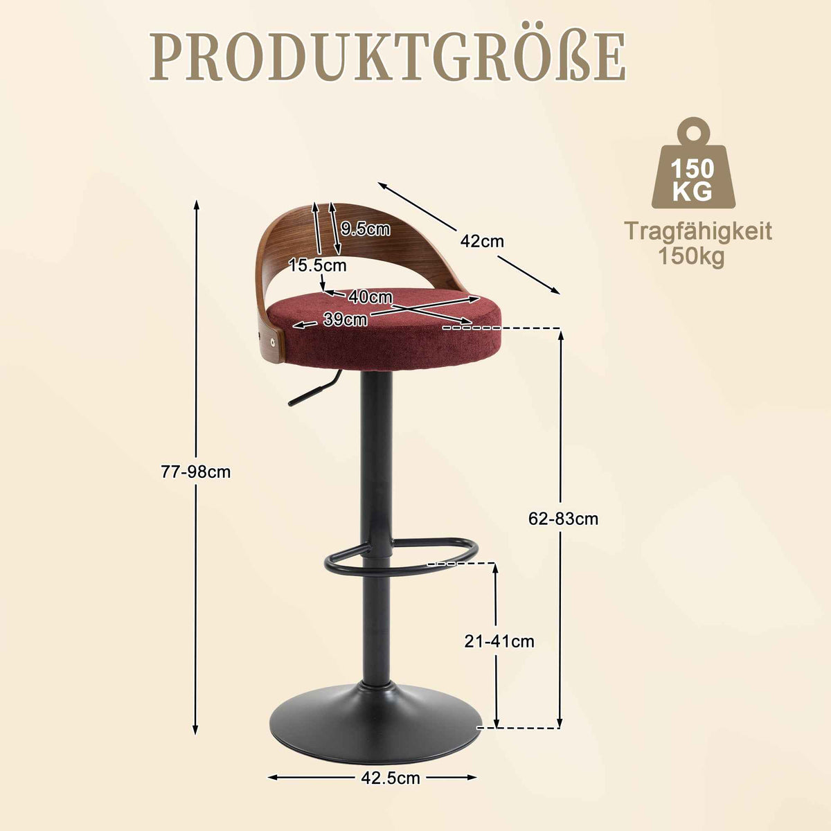 Set of 2 360° Swivel Bar Stools with Walnut Backrest & PU Seat, Height Adjustable Wine Red (Germany Delivery Only)