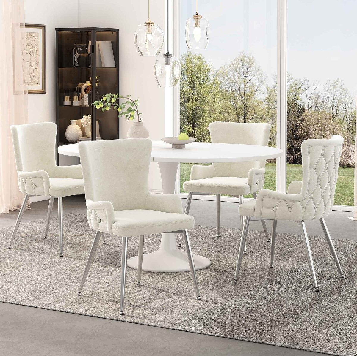 Set of 6 Beige Velvet Dining Chairs with Silver Metal Legs – Modern Luxury Accent Chairs (Germany Delivery Only)