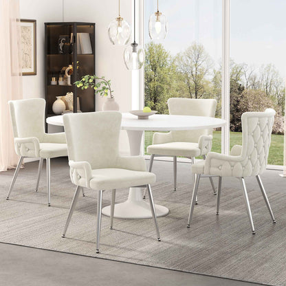 Set of 6 Beige Velvet Dining Chairs with Silver Metal Legs – Modern Luxury Accent Chairs (Germany Delivery Only)