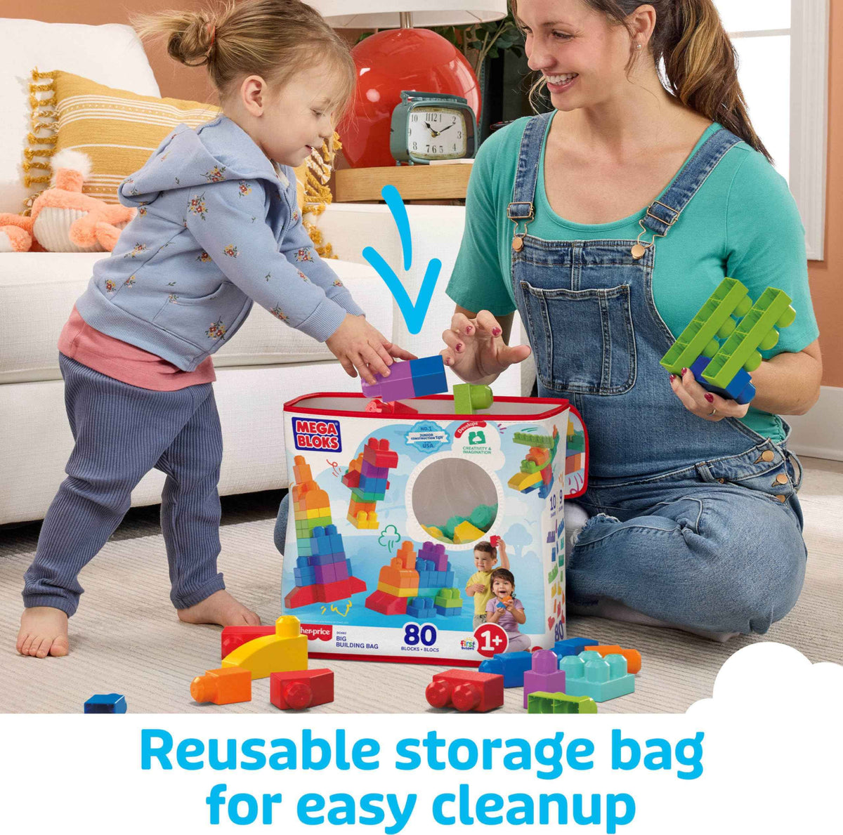 MEGA BLOKS First Builders Toddler Blocks Toys Set, Big Building Bag Collection with 80 Pieces and Storage, Blue, Ages 1+ Years 🍁 All In One Marketplace Canada