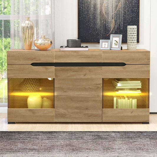 140cm LED Sideboard Cabinet in Oak – Modern Credenza with 3 Doors, 3 Drawers, Acrylic Display Doors & App-Controlled Lighting (Deliver to Germany Only)