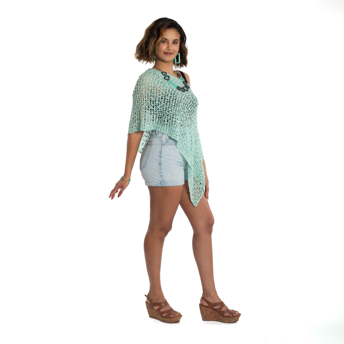 Short Popcorn Knit Poncho - Mint