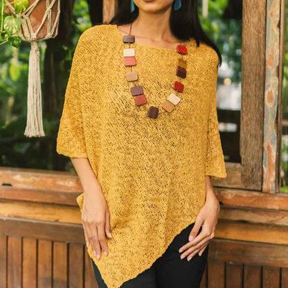 Popcorn Double Knit Poncho - Saffron
