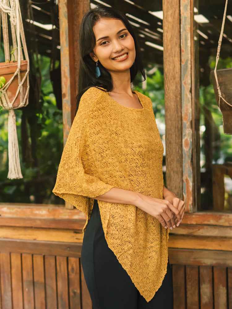 Popcorn Double Knit Poncho - Saffron
