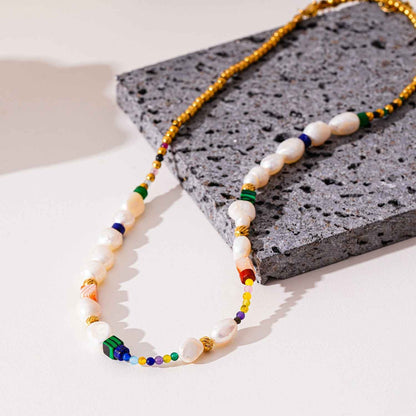 AMADIA: Paradise Found - Colourful Necklace with Gold Beads, Natural Stones, and Freshwater Pearls