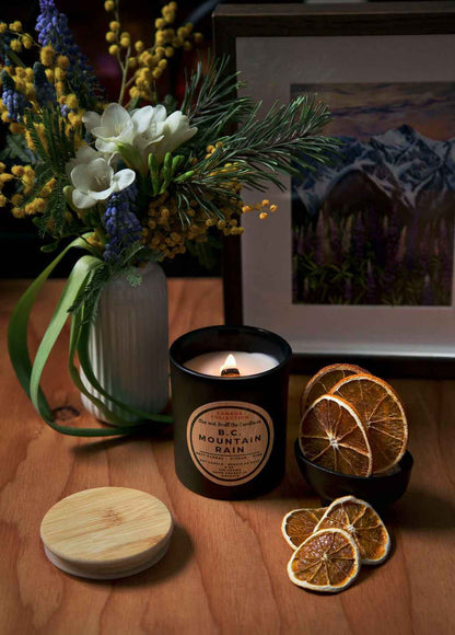 BC Mountain Rain:  wood wick soy candle 8oz