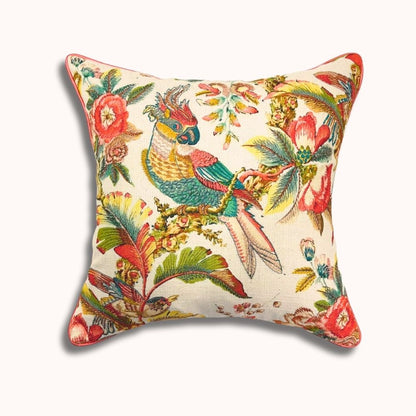 16x16" Kissenbezug Tropische Paradiesvögel – Papageien-Stickerei auf Baumwolle, Rückseite aus Papierseide