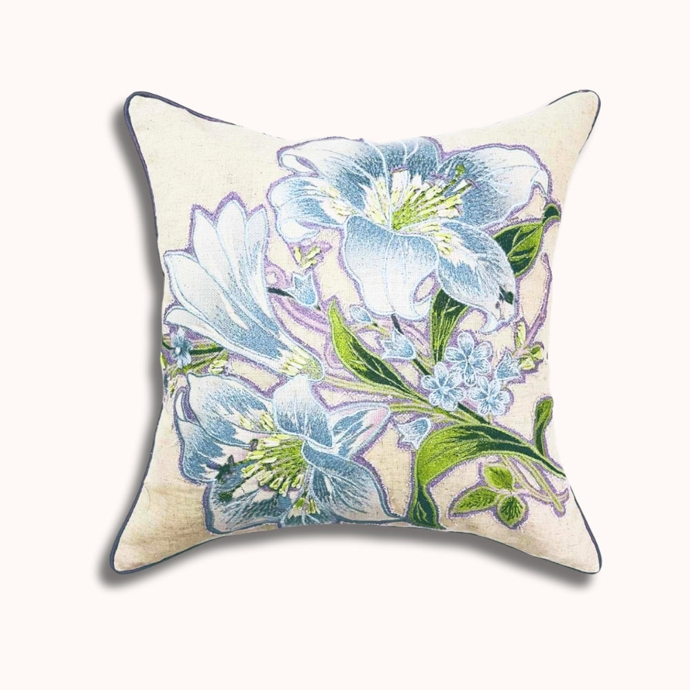 16x16インチ 刺繍花柄スクエアピローカバー – 綿製前面、紙シルク製背面