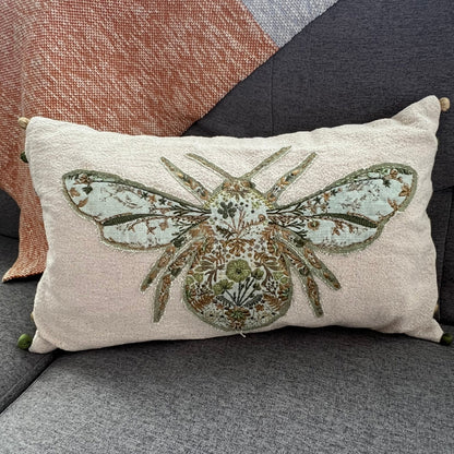 Bestickter Hummel-Leinen-Lendenkissenbezug – Boho-Bauernhaus-Dekokissen mit Pompons