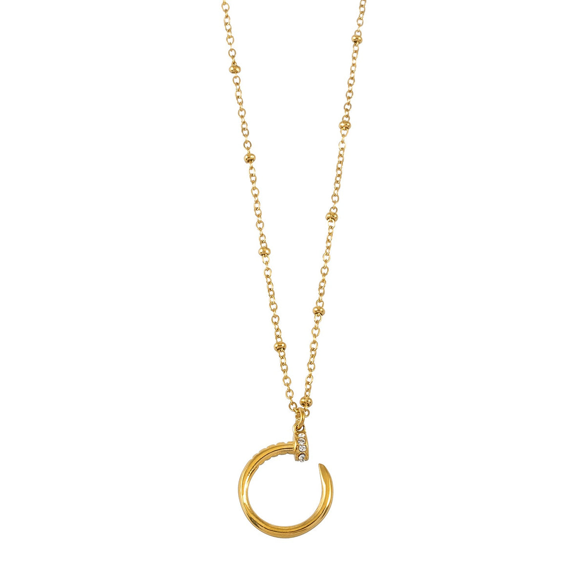 CSENGE Gold Necklace:  Zirconia Embedded Circular Nail Pendant on a Satellite Beaded Chain