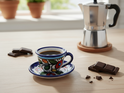 Handgefertigte palästinensische Tasse für arabischen Kaffee | Keramik-Espressotasse mit Gartenrosenranke aus Hebron