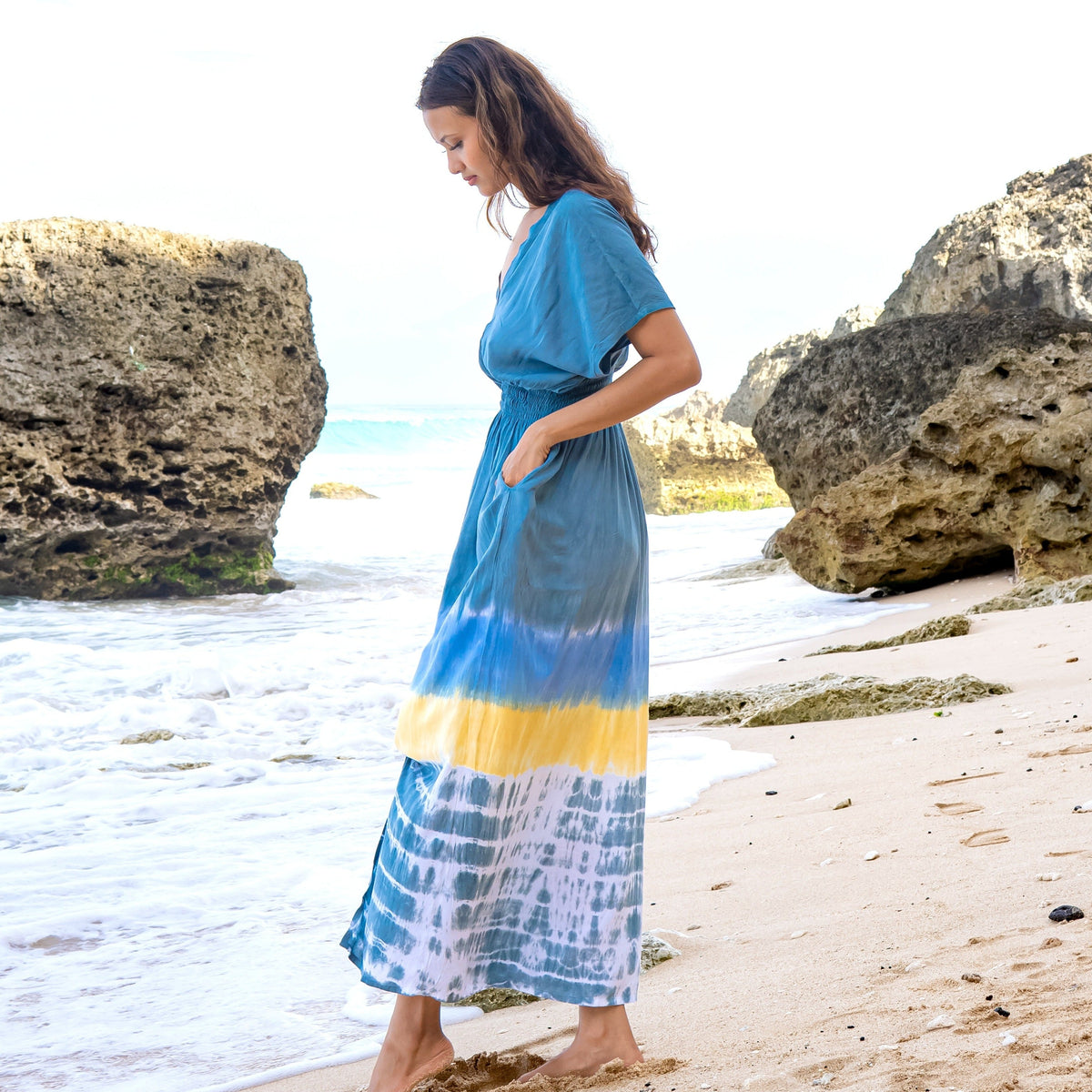 Beach Stripe & Tie Dye Maxi Dress In Grey