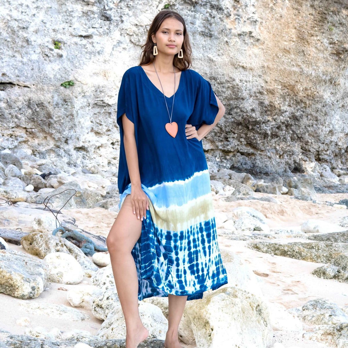 Beach Stripe & Tie Dye Kaftan In Blue