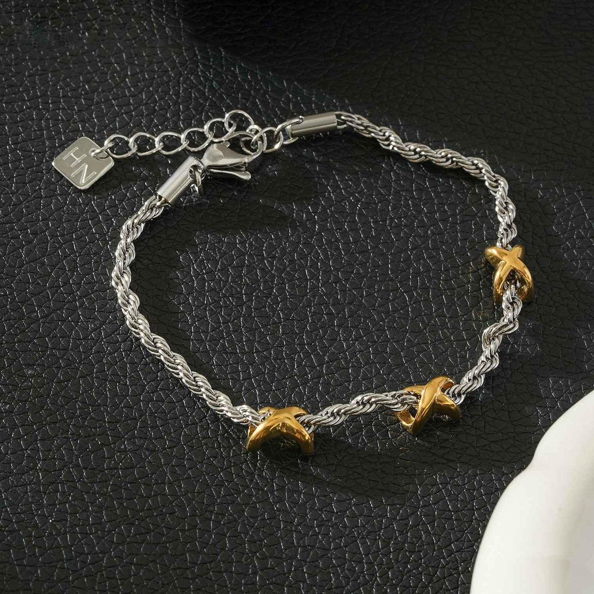 DRAGOSA Mixed Metals: Silver Rope Chain Bracelet with Triple Mini Gold Criss-Cross Charms