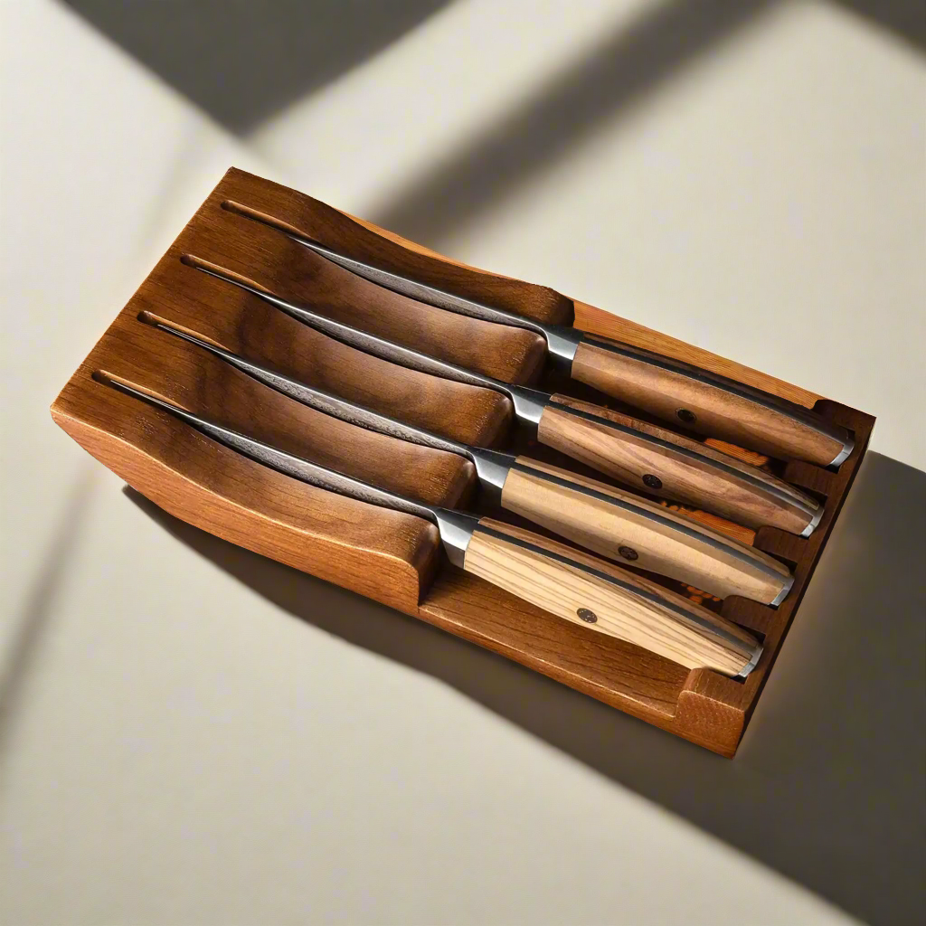 Ginza Steel AMELIA Five – 4-teiliges Steakmesserset aus VG10 Damaststahl mit Holzblock