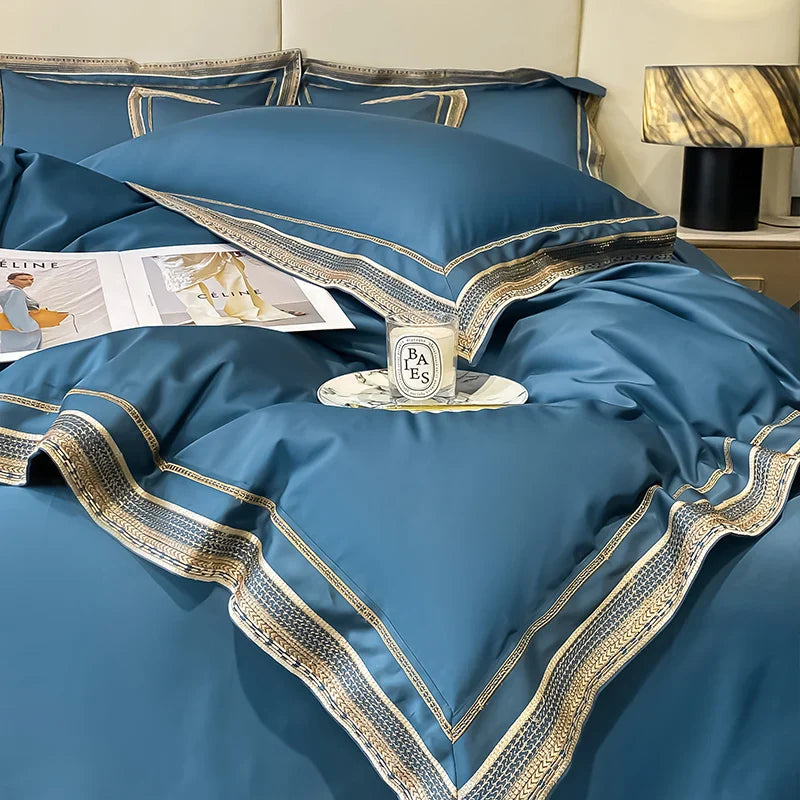 Royal Retreat Goldumrandung Besticktes 1000 TC Bettwäsche-Set – Mitternachtsblau