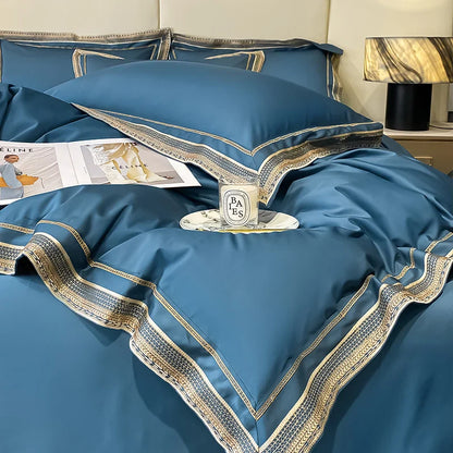 Royal Retreat Goldumrandung Besticktes 1000 TC Bettwäsche-Set – Mitternachtsblau