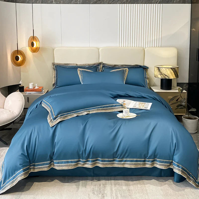 Royal Retreat Goldumrandung Besticktes 1000 TC Bettwäsche-Set – Mitternachtsblau