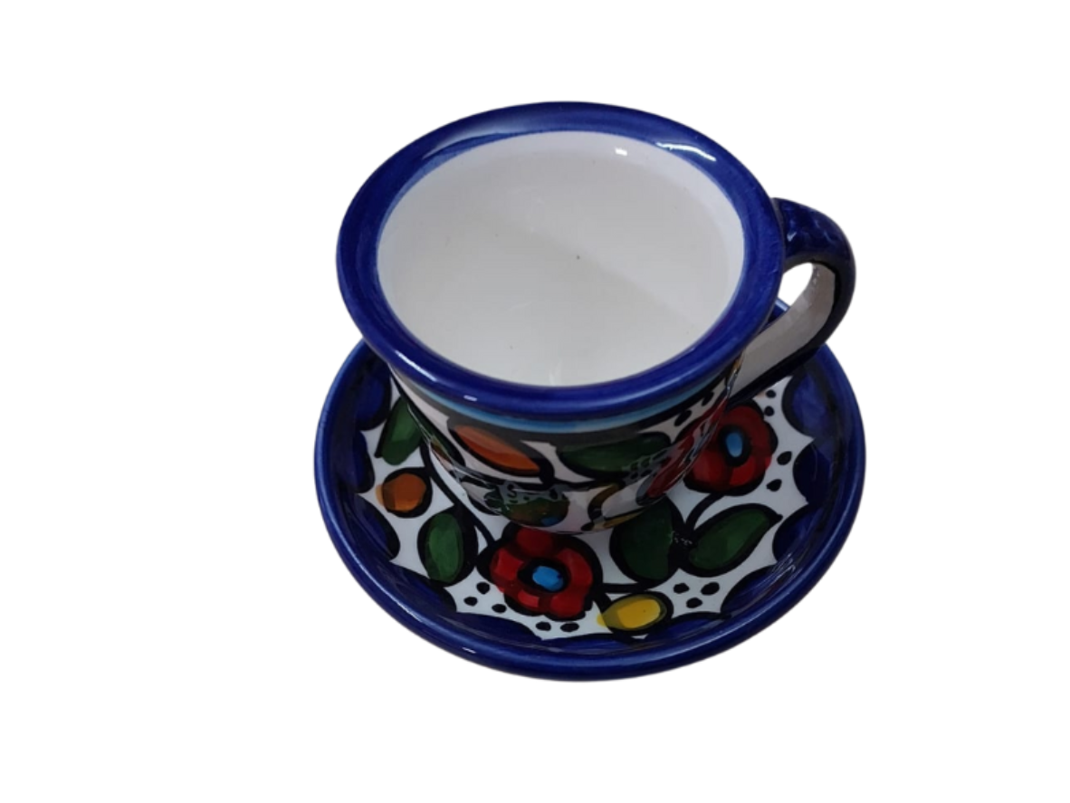 Handgefertigte palästinensische Tasse für arabischen Kaffee | Keramik-Espressotasse mit Gartenrosenranke aus Hebron