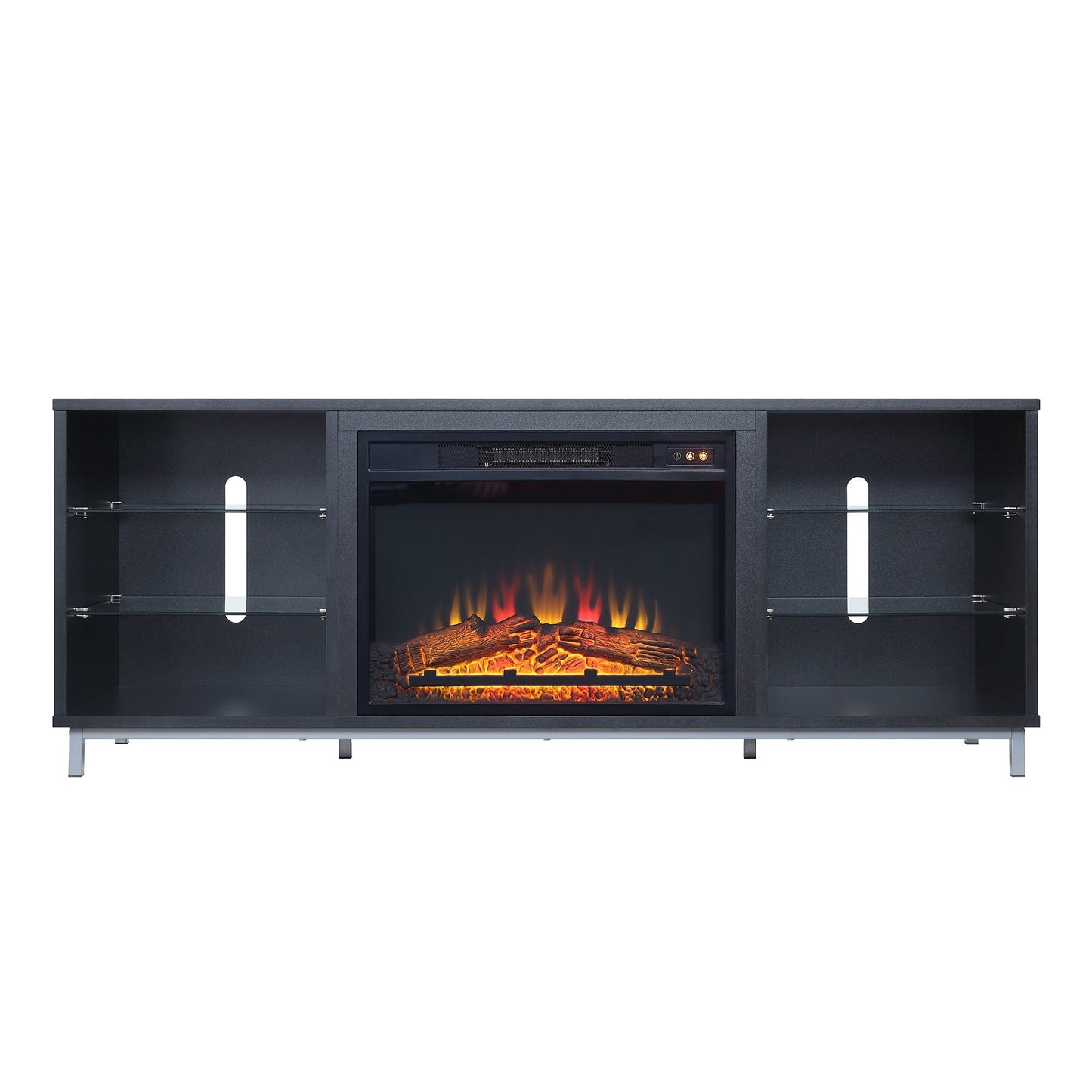 Firey 60" TV-Schrank/Kamin mit Glasablagen – Schwarz Hochglanz