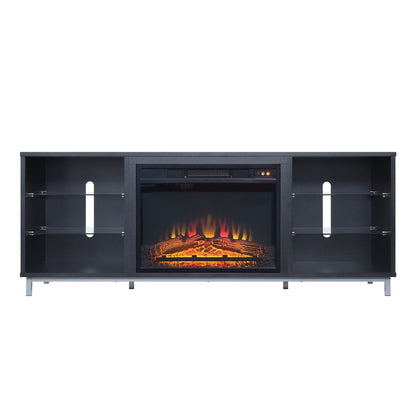 Firey 60" TV-Schrank/Kamin mit Glasablagen – Schwarz Hochglanz
