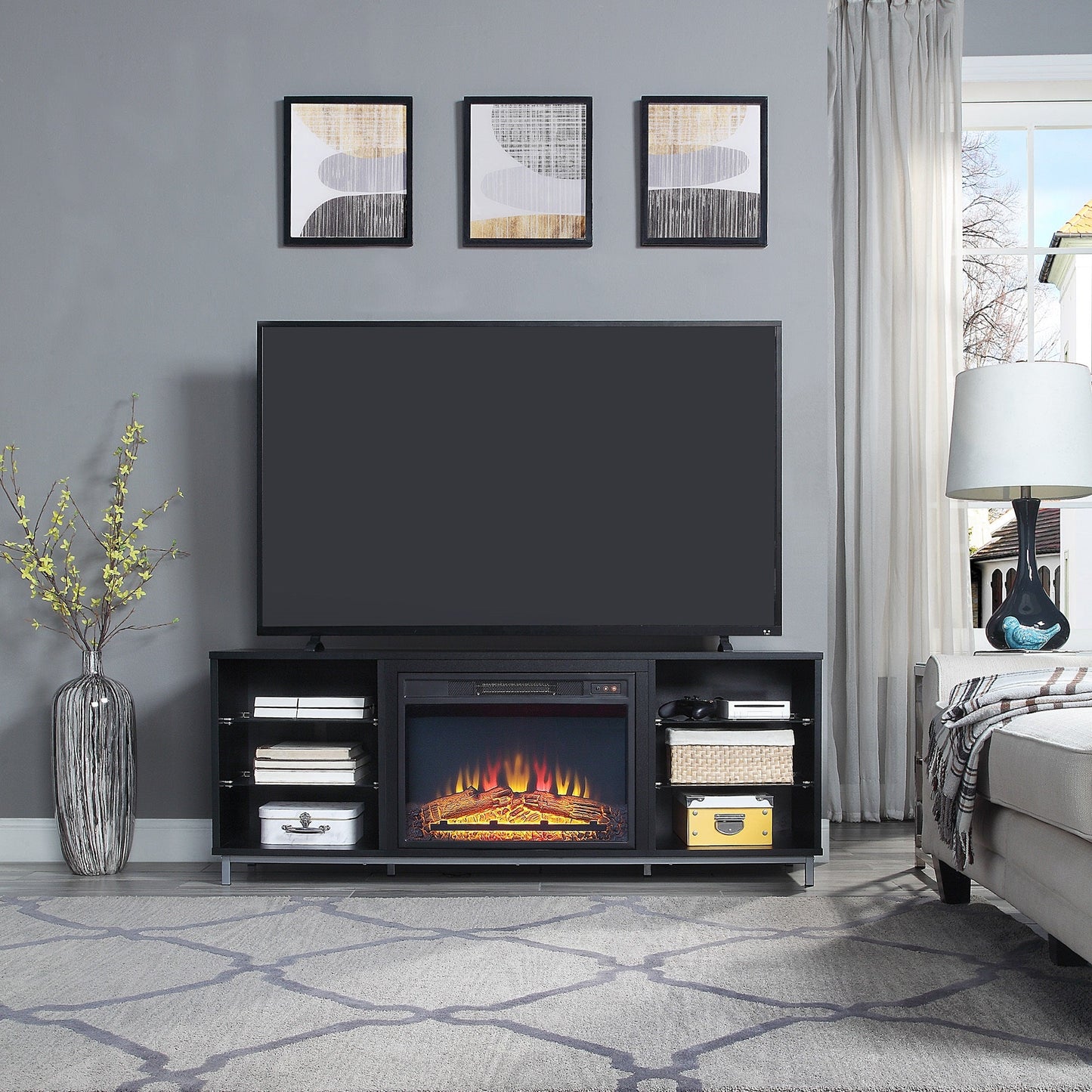 Firey 60" TV-Schrank/Kamin mit Glasablagen – Schwarz Hochglanz