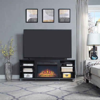 Firey 60" TV-Schrank/Kamin mit Glasablagen – Schwarz Hochglanz